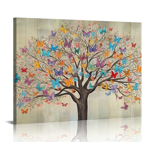 COMIO  Butterfly Canvas Art Framed Rustic Tree of Life Wall Print Wood Background Painting Picture for Farmhouse Cabin Decorations