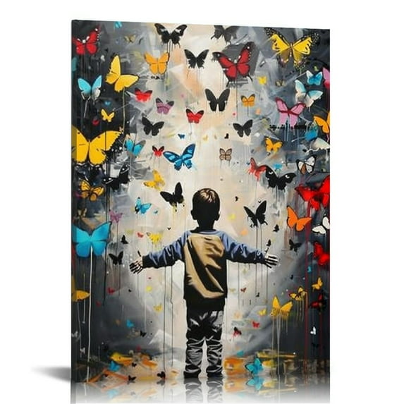 COMIO Butterfly Canvas Wall Art, Colorful Graffiti Wall Art Funny Butterfly, Banksy Canvas Wall Art, Butterfly Canvas Wall Decor, Modern Home Office, Wall Decor Framed Canvas Wall Art Easy to Hang