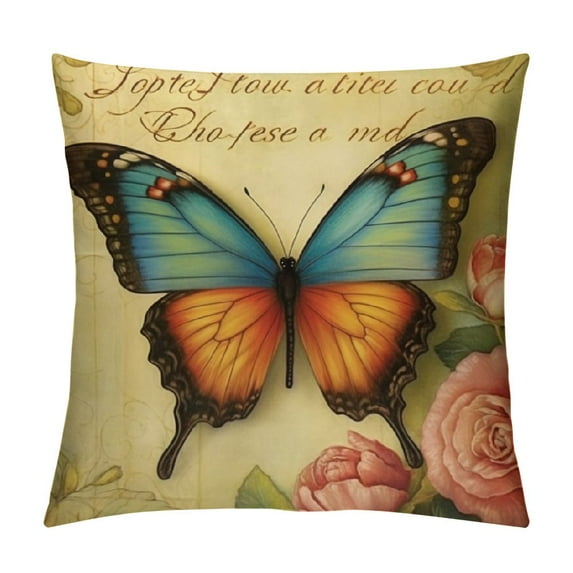 COMIO  Butterfly Pattern Throw Pillow Covers Vintage Style Home Decorative Cushion Cover Yellow&amp;Pink Flowers Pillowcase