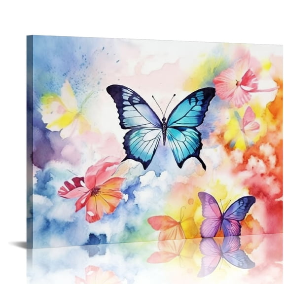 COMIO Butterfly Picture Canvas Wall Art Pink Panting for Bathroom Decor with Framed
