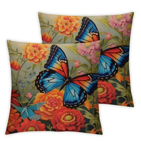 COMIO Butterfly Throw Pillow Covers Set of  Vintage Chinese Flower Peony Botanical Watercolors red Blue Soft Washable Teen Girl Women Home Bedroom Dorm Sofa Bed Decoration Cushion Cover  White