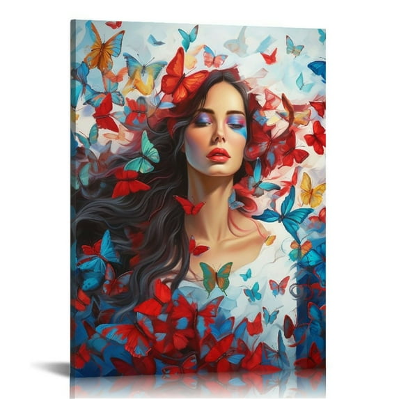 COMIO Butterfly Wall Decor Gifts for Women: Colorful Butterlies Canvas Wall Art Poster Black and White Woman Painting in Blush Pink Lip Framed Pictures for Girls Bedroom Home Office Room Decorations