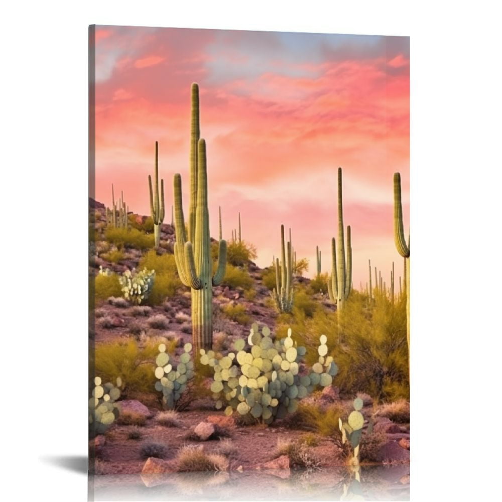 3 Piece Framed Canvas Wall Art Set, Southwest Blooming Cactus Bouquet Pictures, Floral Botanical Organic Modern Artwork, Western Decor