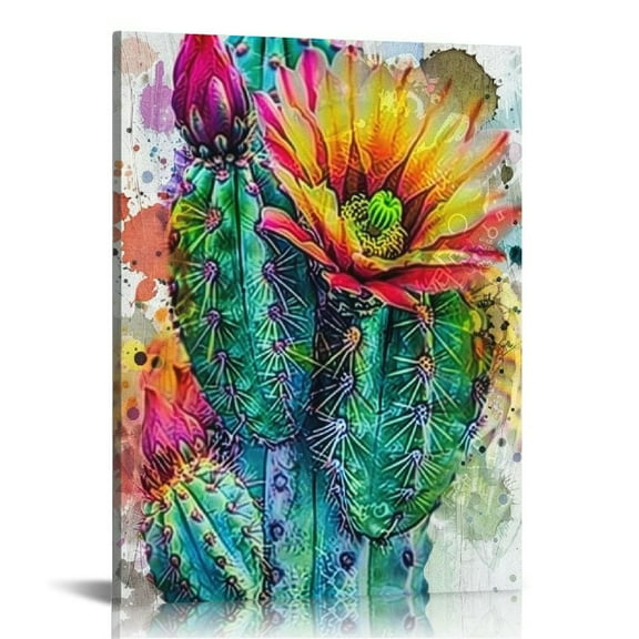 COMIO Cactus Wall Art for Bathroom Decor Succulent Wall Decor Watercolor Green Plants Canvas Prints Pictures Colorful Spiny Flower Posters Botanical Paintings Mexican Artwork Home