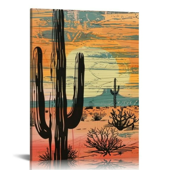 COMIO Cactus Wall Decor, Western Wooden Cactus Wall Sign, Abstract Mountain River Landscape Printing Wall Hanging Decor for Bathroom Living Room Dining Room Kitchen