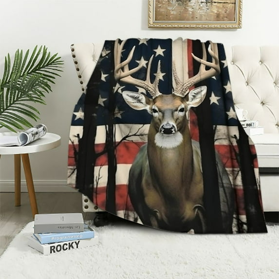 COMIO Camo American Flag Deer Throw Blanket Camouflage Soft Flannel Plush Lightweight Warm Cozy Blanket for Bed Couch Sofa Travel