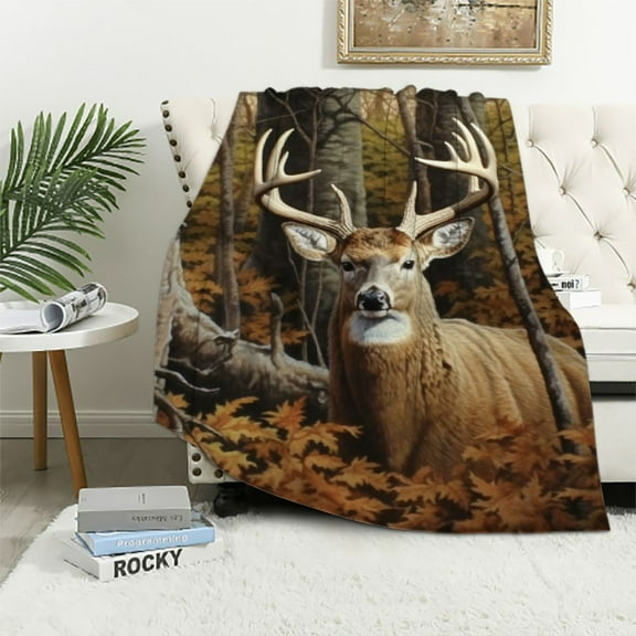COMIO  Camo Buck Deer Blanket for Bed, Woodland Throw Blanket for Men, Women and Kids - Super Soft Plush Deer Blanket Throw, Blanket