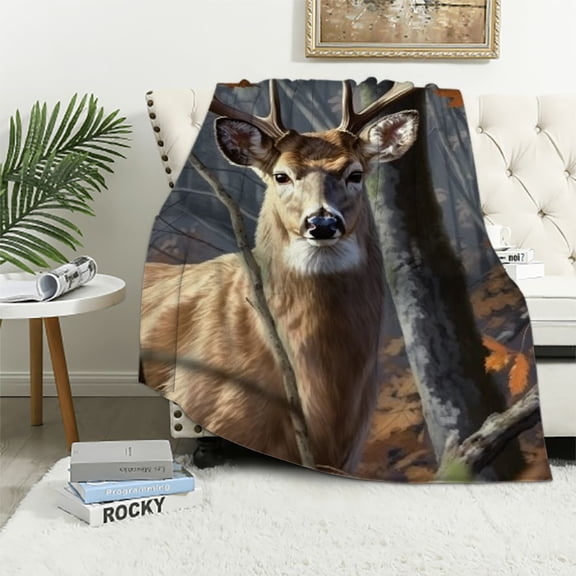 COMIO Camo Buck Deer Flannel Throw Blanket Outdoor Warm Cozy Women Large Lightweight Soft Blankets for Couch Sofa Bed Living Room