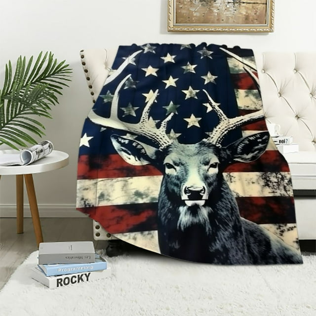 COMIO  Camo Deer Blanket for Men, Men's Hunting Blanket Deer Hunting Gifts for Men, Camouflage USA Flag Blankets for Men, Hunting Decor for Room Bed Sofa