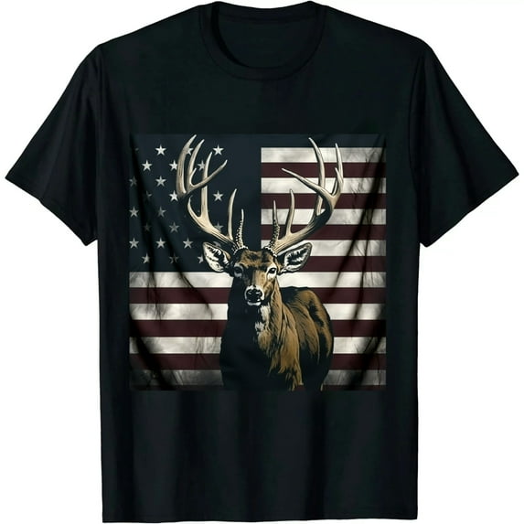 COMIO Camo US Flag Deer Elk Buck Camoflage Hunting Hunter Dad Gift Short Sleeve T-Shirt