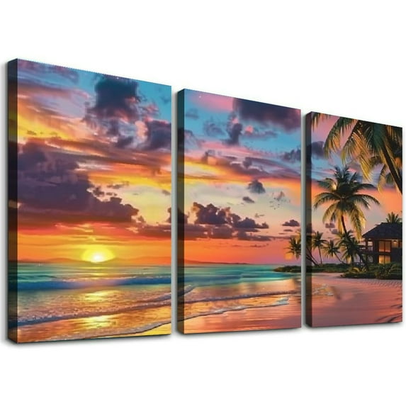 COMIO Canvas Art Wall Decor for Living Room Seascape Canvas Wall Decor Tropical Palm Tree Canvas Wall Art Beach Canvas Wall Art for Bedroom Blue Ocean Wall Art Decor 12''x16''X3 Panels