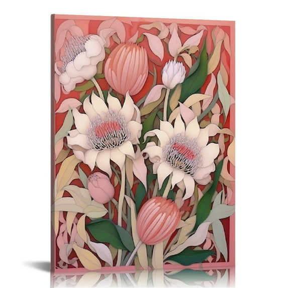 COMIO Canvas Like Wall Art Decor Painting Like Framed Artwork Pink Flowers Scenery Print - Aesthetic Premium Picture Poster for Home Walls Living Room Bathroom Bedroom Kitchen