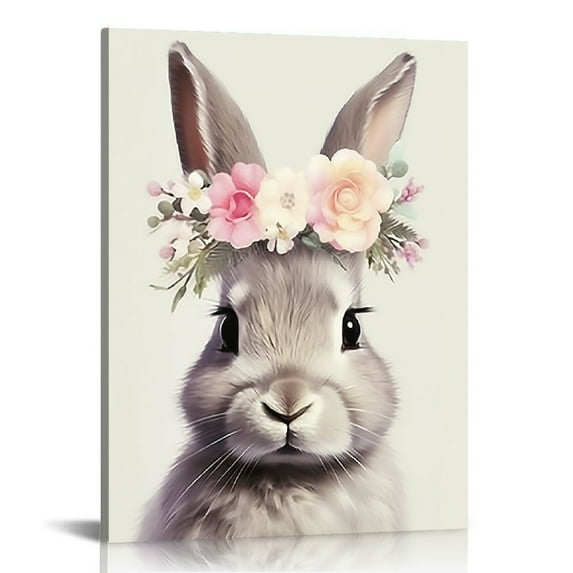 COMIO Canvas Nursery Wall Art Girl,Bunny Print Nursery,Rabbit,Bunny Portrait,Easter Bunny Wall Art,Bunny With Flower Crown,Bunny Art,Bunny With Flowers,Wall Art