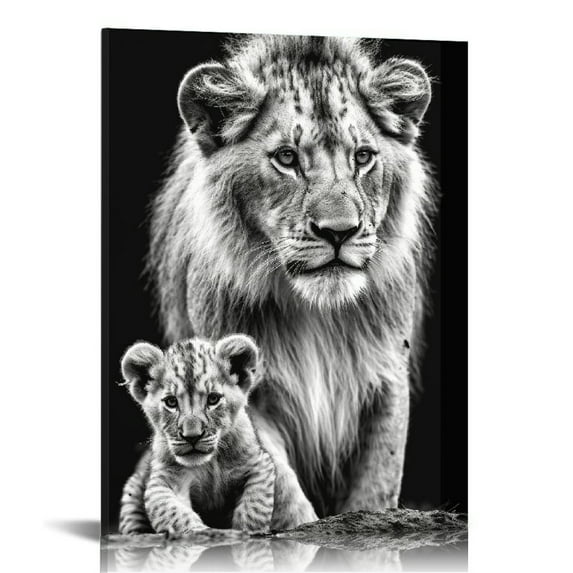 COMIO Canvas Painting Animal Black and White Lion with Cub Wall Art Africa Lion Poster and Modern Minimalist Photo Wall Living Room Bedroom Decoration