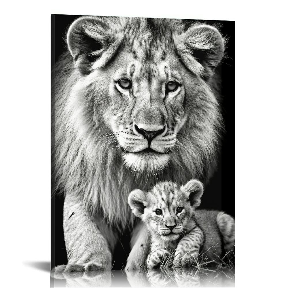 COMIO Canvas Painting Animal Black and White Lion with Cub Wall Art