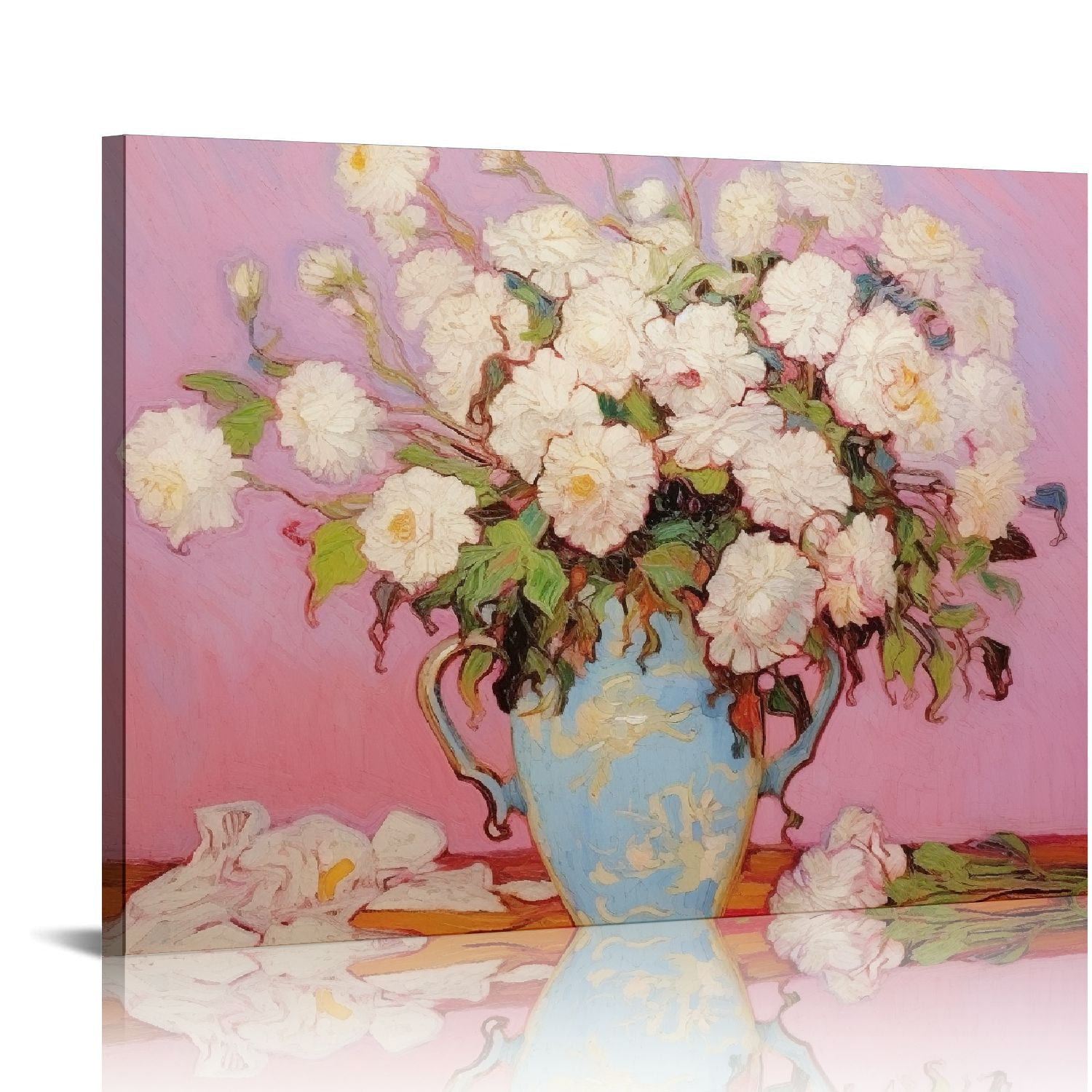 COMIO Canvas Print Wall Art Pink & White Roses in Vase by Van Gogh