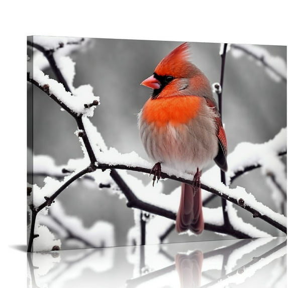 COMIO Canvas Print Wall Art Red Cardinal on Snowy Tree Branch Birds Wildlife Photography Winter Scene Christmas Picture for Living Room Bedroom Office Decor Each Size 16x12inch