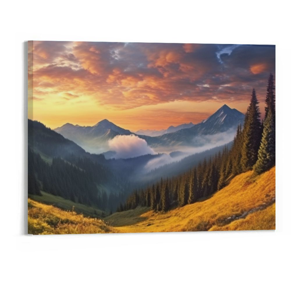 COMIO Canvas Print Wall Art Sunset Over The Golden Mountain Forest ...