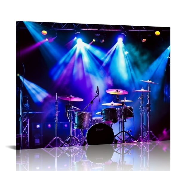 COMIO Canvas Print Wall Art Vibrant Blue Stage Lights Drum Set Music Instruments Photography Realism Decorative Concert Multicolor Scenic Fun Pop Art for Living Room, Bedroom, Office