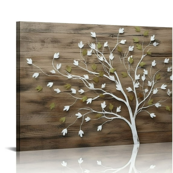 COMIO Canvas Print Wall Art White Tree Silhouette with Blowing Leaves on Vintage Wood Panels Nature Wilderness Illustrations Modern Art Rustic Relax/Calm for Living Room, Bedroom, Office - 16"×12"