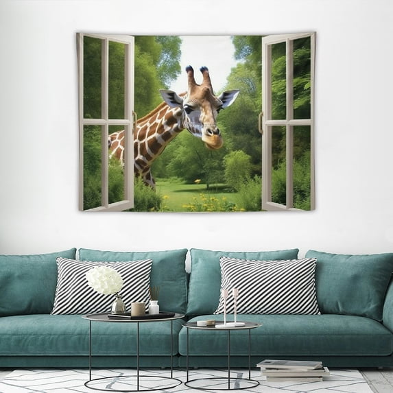 COMIO  Canvas Print Wall Art Window View 3D Giraffe Illusion in Forest Nature Wilderness Photography Modern Art Rustic Scenic Colorful Ultra for Living Room, Bedroom