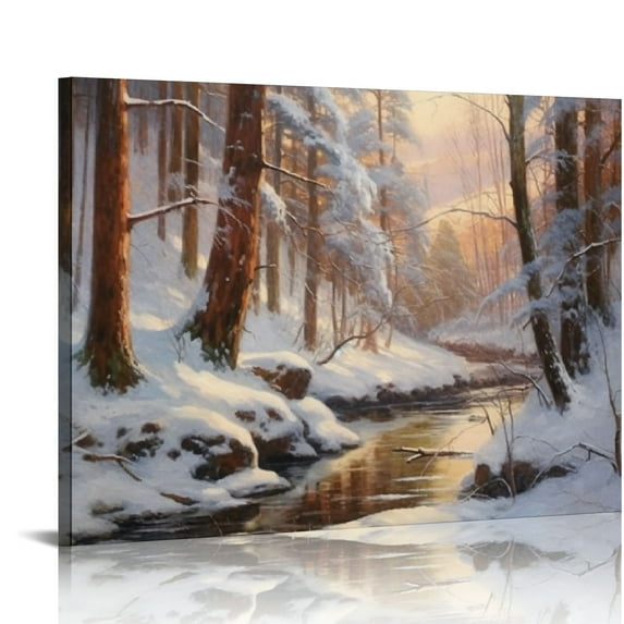 COMIO Canvas Print Wall Art Winter Snow River Forest Nature Wilderness Illustrations Fine Art Decorative Landscape Colorful for Living Room, Bedroom, Office