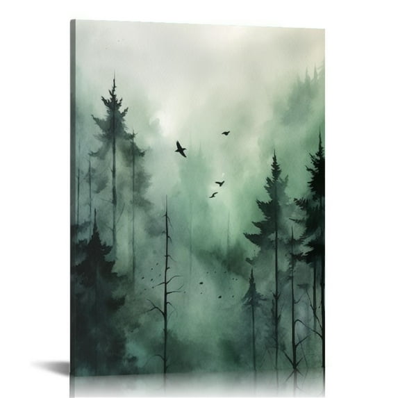 COMIO Canvas Print Wall Art Woodland Nursery Decor Watercolor Pastel Misty Forest Bird Sky Nature Illustrations Modern Art Decorative Landscape Colorful for Living Room, Bedroom, Office