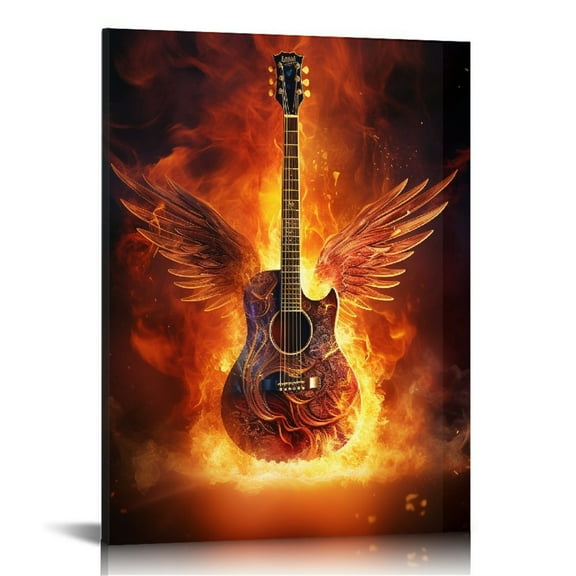 COMIO Canvas Prints Fire Burning Eletric Guitar Wall Art Painting Modern Musical Instruments Poster Framed for Living Room Decoration Ready to Hang