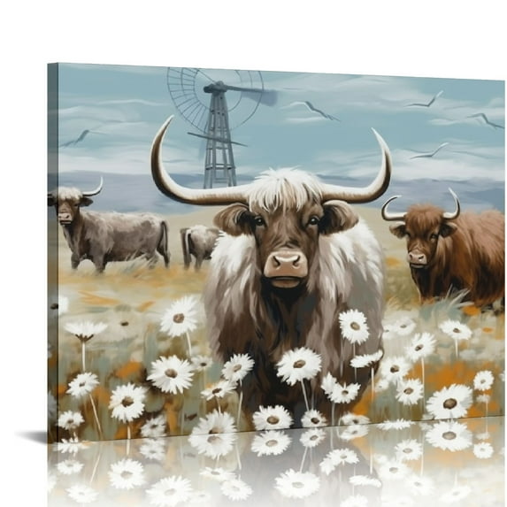 COMIO Canvas Wall Art Bathroom Coastal Boho Farmhouse Highland Cow Flower Picture Floral Artwork Rustic Country Landscape Longhorn Animal Painting for Living Room Bedroom Kitchen Décor