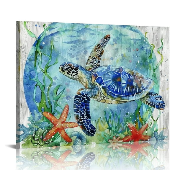 COMIO Canvas Wall Art Bathroom Coastal Decor Sea Turtle Canvas Picture Framed Ocean Beach Theme Seascape Artwork Green Blue Nautical Sealife Animal Starfish Coral Conch Seaweed Canvas Print