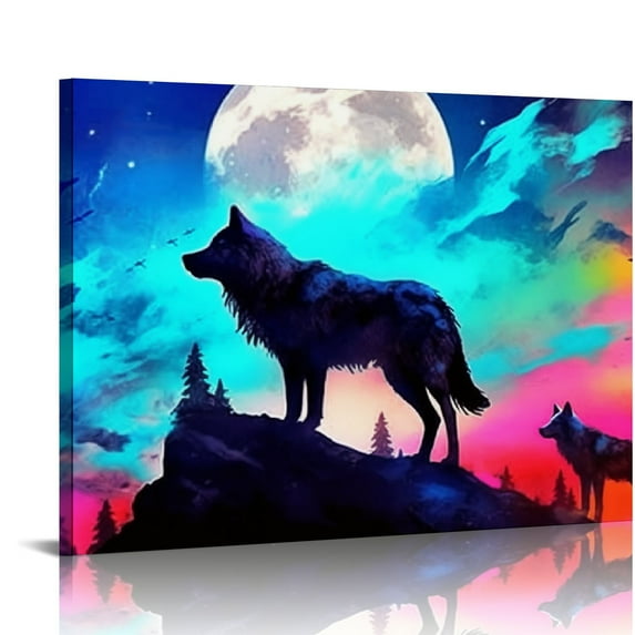 COMIO Canvas Wall Art For Living Room Family Wall Decor For Bedroom Modern Office Decorations Animal Wolf Wall Pictures Artwork Blue Starry Sky Scenery Painting Room Canvas Art Prints Home Decor