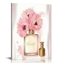 COMIO Canvas Wall Art Glam Perfume Pictures Wall Decor Pink Flowers And Gold Canvas Wall Art Girl Home Decor For Bedroom Wall Bathroom Room Decor