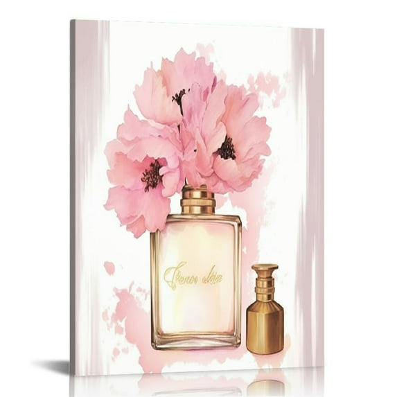 COMIO Canvas Wall Art Glam Perfume Pictures Wall Decor Pink Flowers And Gold Canvas Wall Art Girl Home Decor For Bedroom Wall Bathroom Room Decor