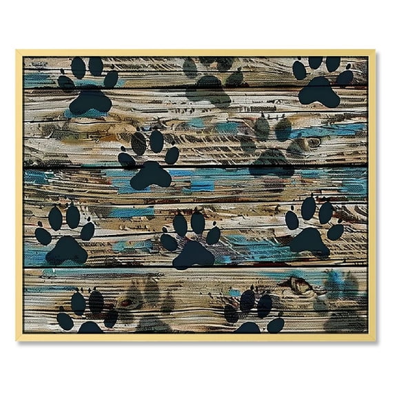COMIO Canvas Wall Art Picture Prints Farm Black Cat Paw Blue Vintage Wood Grain Oil Painting Artwork on Canvas for Bedroom Bathroom Cute Cats Footprints Brown Plank Stretched and Framed 20x16in