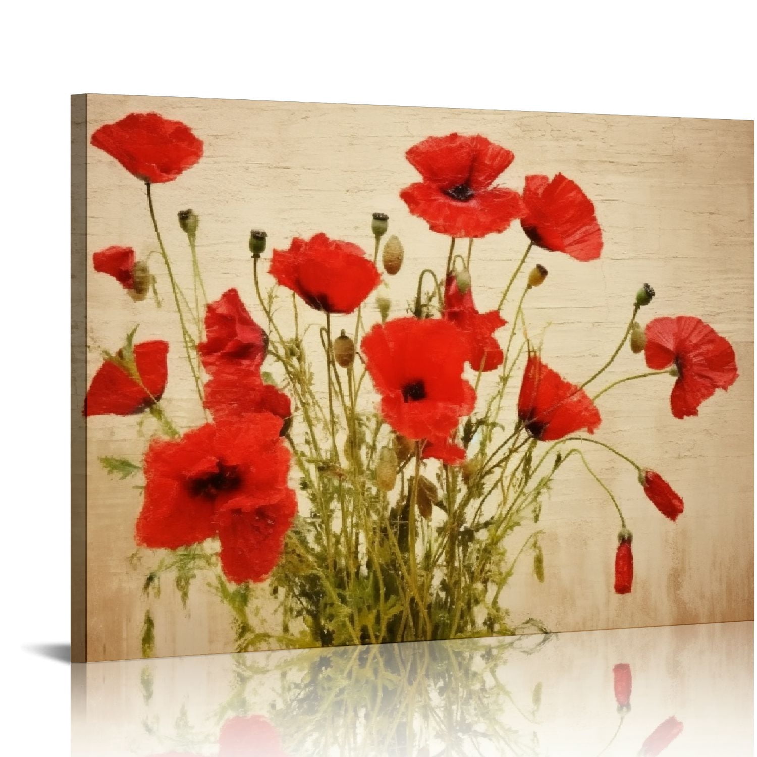 COMIO - Canvas Wall Art - Red Poppy Flowers on Vintage Abstract ...