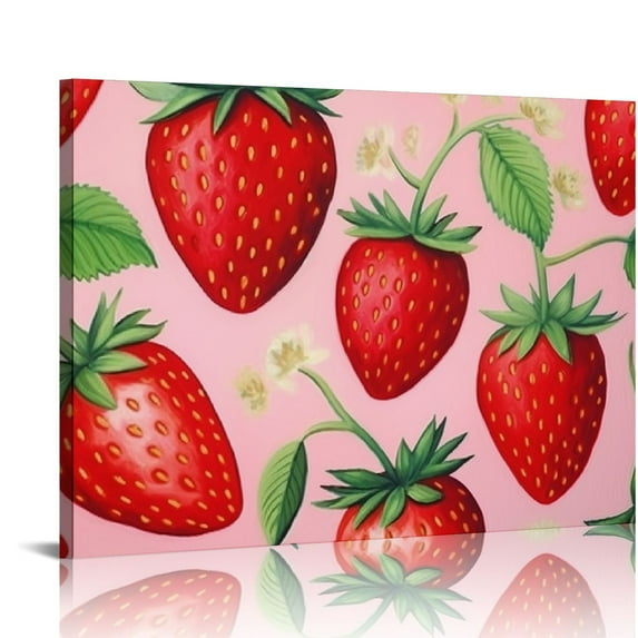 COMIO Canvas Wall Art, Strawberry Fruit Watercolor Painting Red Pink Framed Paintings Print on Canvas Artwork for Bedroom Living Room Home Office Decoration, 12"x24"