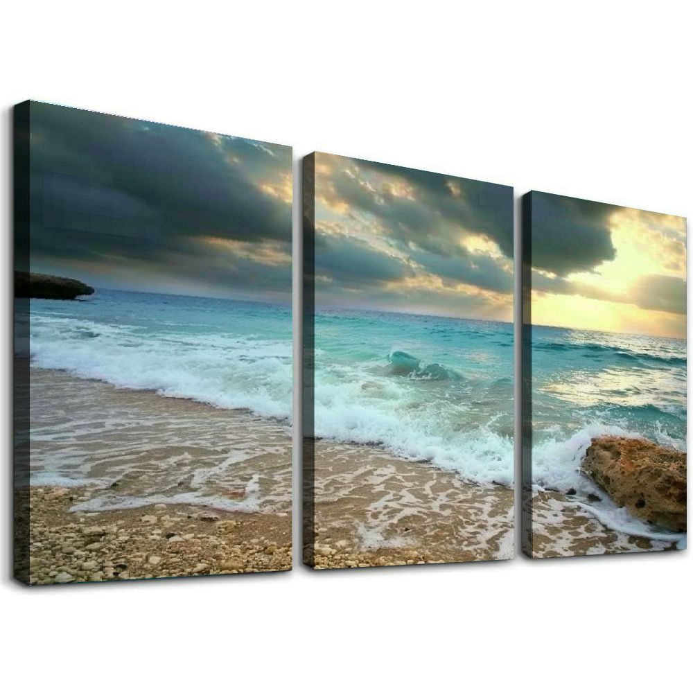COMIO Canvas Wall Art Sunset Beach Blue Waves Ocean Art Large Modern ...