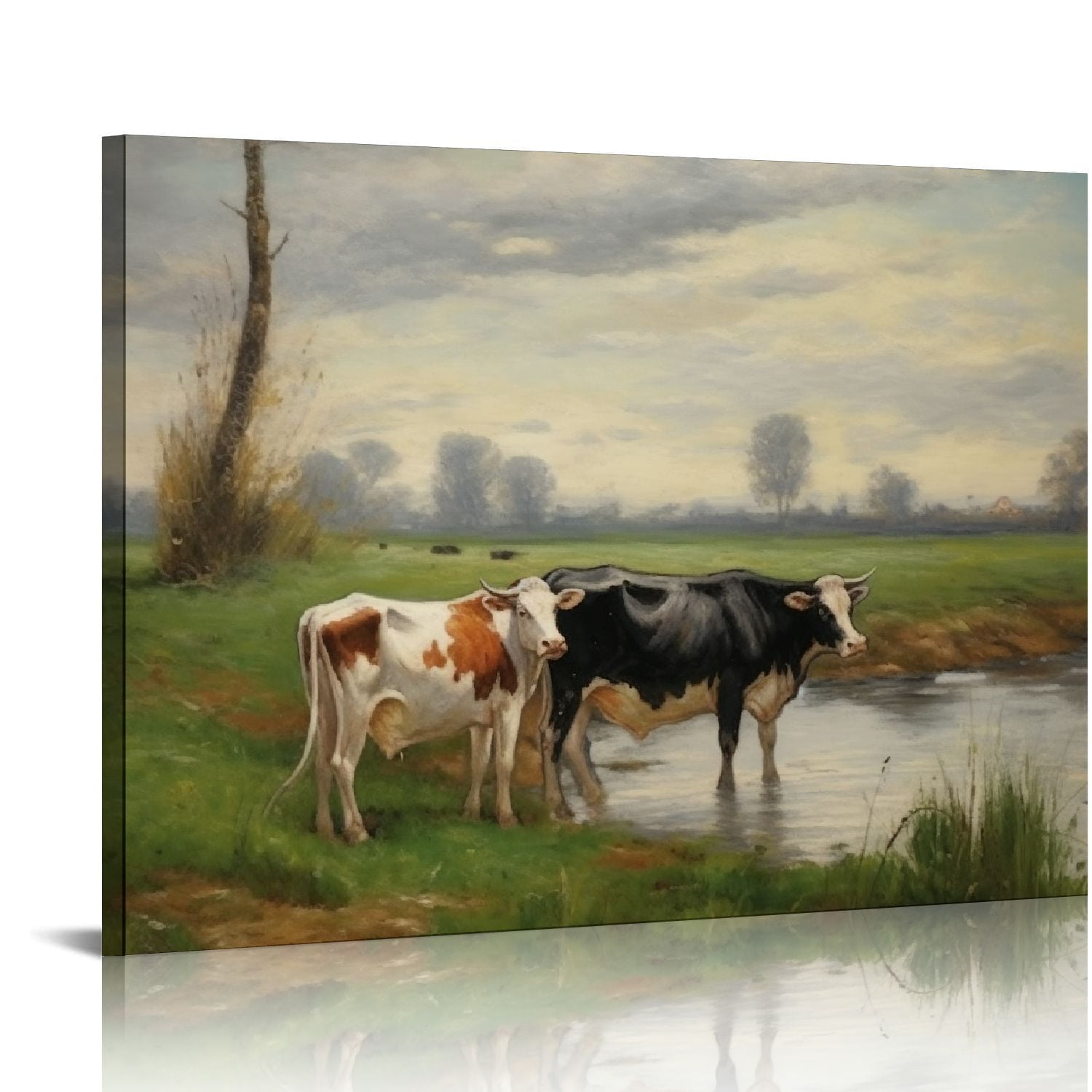 COMIO Canvas Wall Art Vintage Classical Framed Prints Pastel Valley Cow