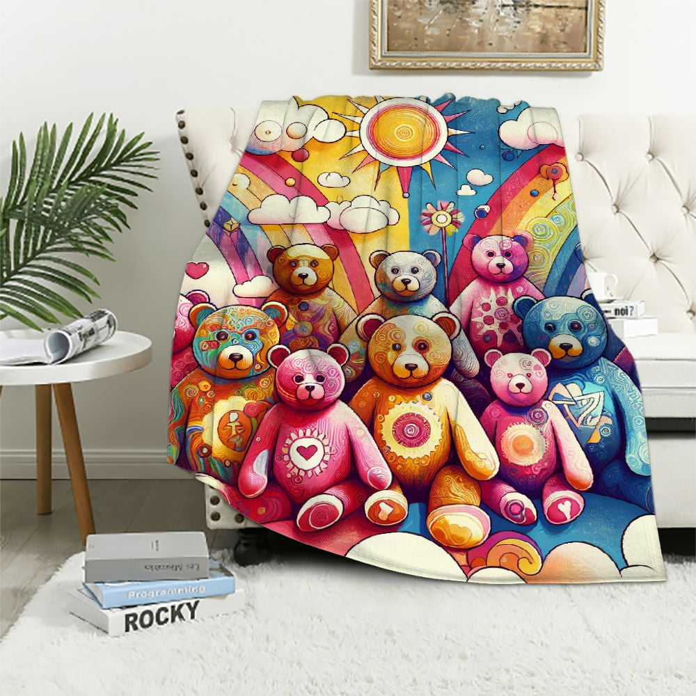 COMIO Care Bears Throw Blanket Polyester Rounded Corners, Ribbed