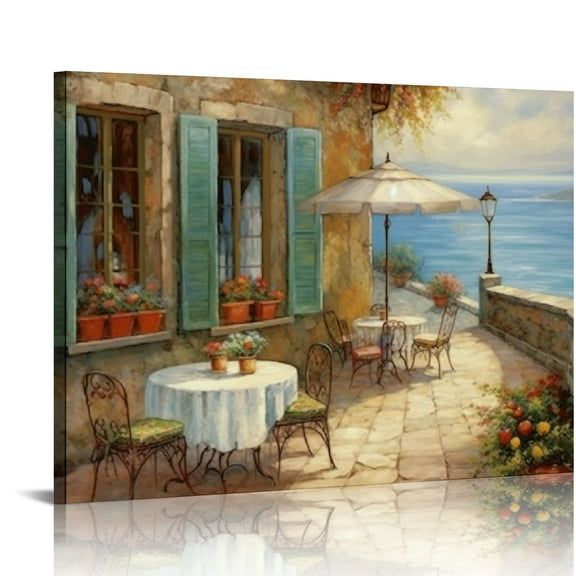 COMIO  Casa D'Amore Canvas Wall Art Print, Painting of Scenic Cafe Patio in Europe, Italian and Mediterranean Restaurant Artwork