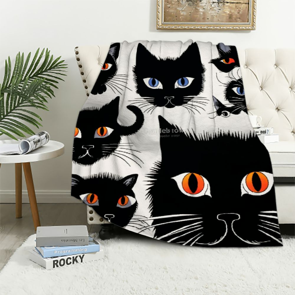 Black Cat and Iris Flower Printed Plush Blanket