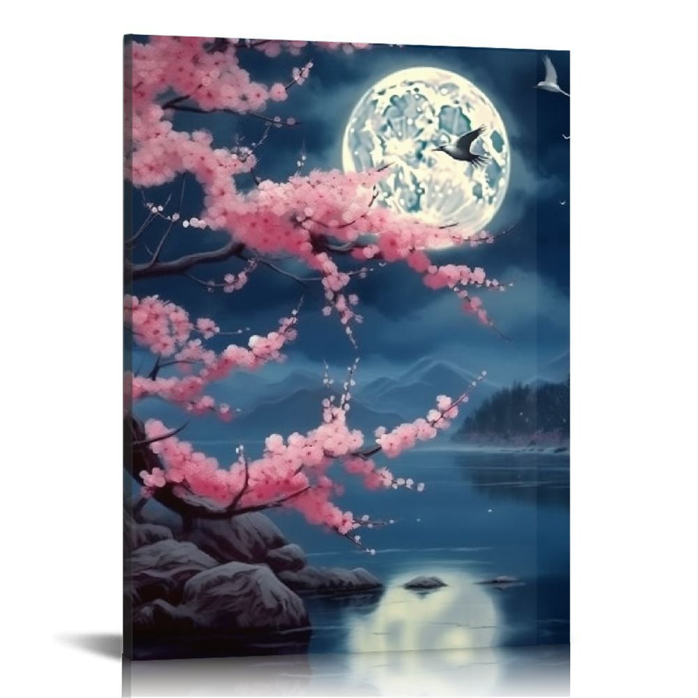 COMIO Cherry Blossom Moon Lake Landscape Framed Canvas Wall Art ...