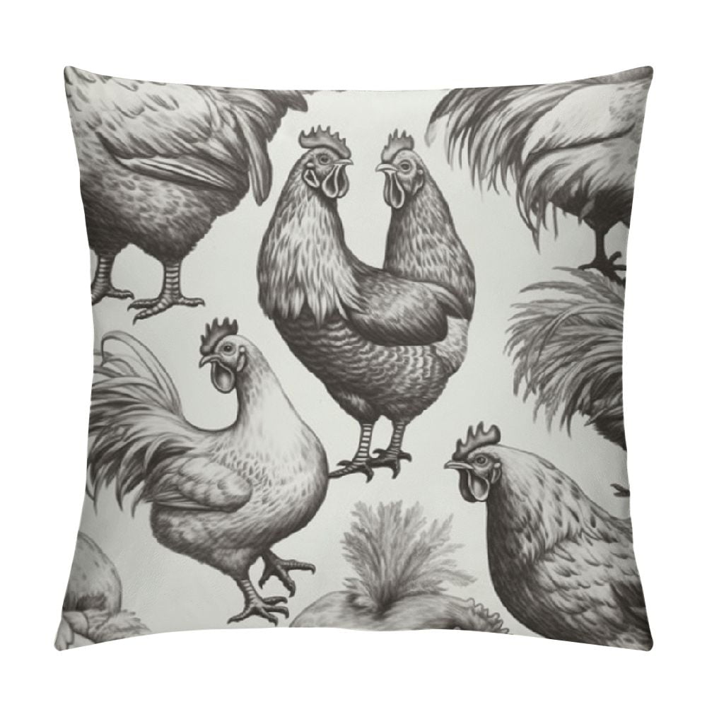 COMIO Chicken Rooster Pillow Cover Cocks and Hens Sketch Farm Cockerel