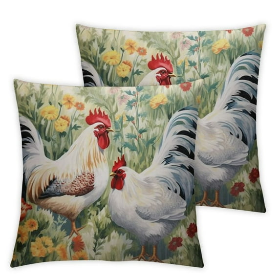 COMIO Chicken and Rooster Throw Pillow Cover in The Grass on White Background Colorful Watercolor Decorative Rectangular Pillowcase for Sofa and Bed Couch 2pc