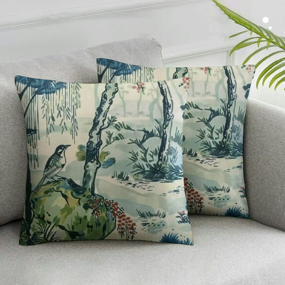 COMIO Chinoiserie Pillow Cover Asian Scenic Blue and Green Throw Pillow Covers Farmhouse Tree Pillow Case Cushion Covers for Sofa Couch Living Room,2 pcs White
