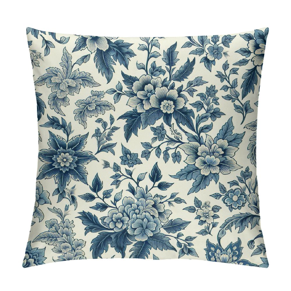 Persimmon Flower Chinoiserie Pillow Cover – Navy Orange Cream Floral, 12x20 Inches, Linen Farmhouse Decor