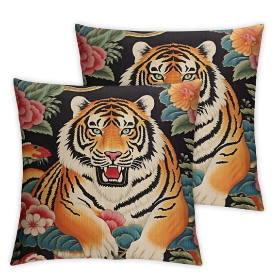 COMIO Chinoiserie Pillow Covers Set of 2 Tiger Colorful Floral Throw Pillows Cover Rustic Animal Print Pillowcase Cushion Farmhouse Home Decorative for Couch Bed Sofa Chair Car Gift,2pc