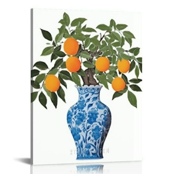 COMIO Chinoiserie Plant Wall Art Print, Chinese Blue White Porcelain Vase Canvas Wall Art (12x16), Watercolor Flowers Botanical Plant Art Print for Bedroom Farmhouse Garden Decoration