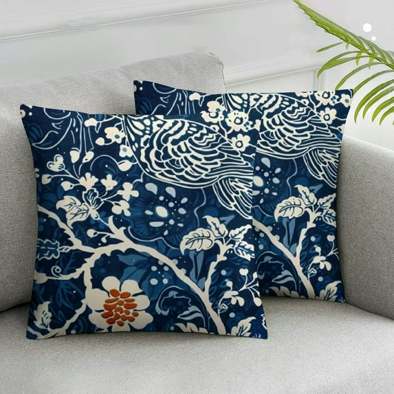 COMIO Chinoiserie Throw Pillow Covers, Vintage Blue and White Flower Pillow Cases, Aesthetic Floral Bird Soft Cushion Cover for Sofa Couch Farmhouse,2 pcs White