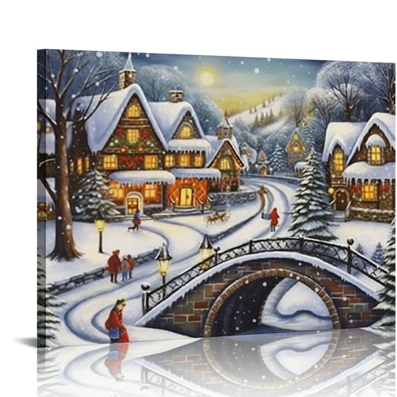 COMIO Christmas Canvas Print Snowy Village - Santa on a Horse Drawn Sleigh - Red Cardinals Battery Operated